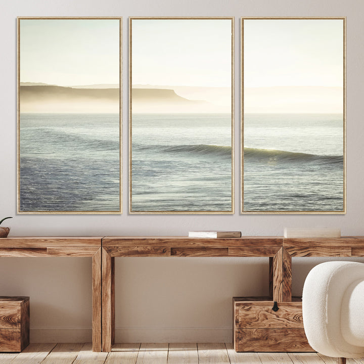 Canvas of a misty ocean scene with coastal cliffs and soft neutral tones, ideal for Scandinavian coastal or minimalist nature-inspired home decor.