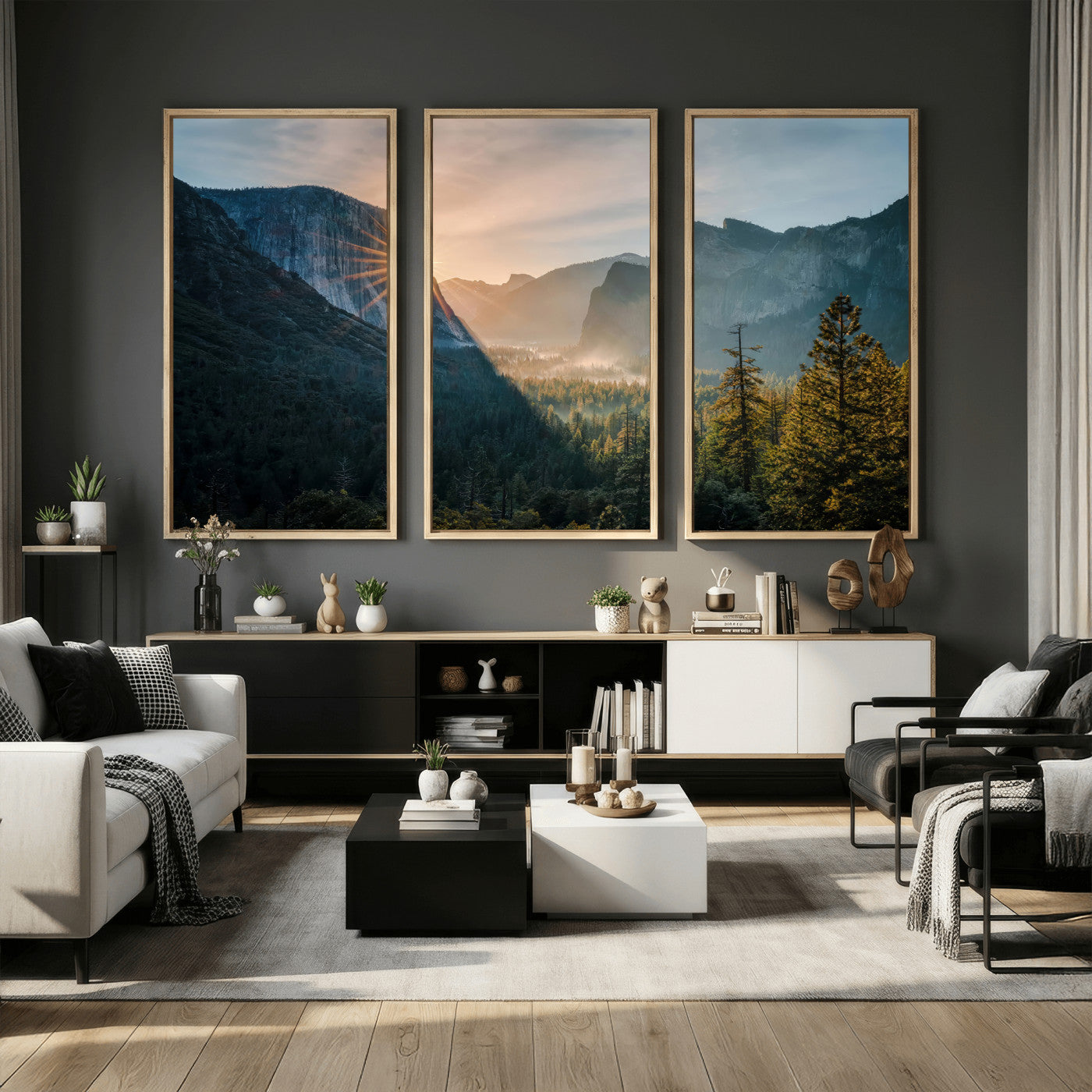 51605481-MGV-CV-36X24 - Yosemite Valley Wall Art – Misty Forest Peaks Canvas Print, Radiant Light, Tranquil Nature Landscape for Living Room or Cabin Decor