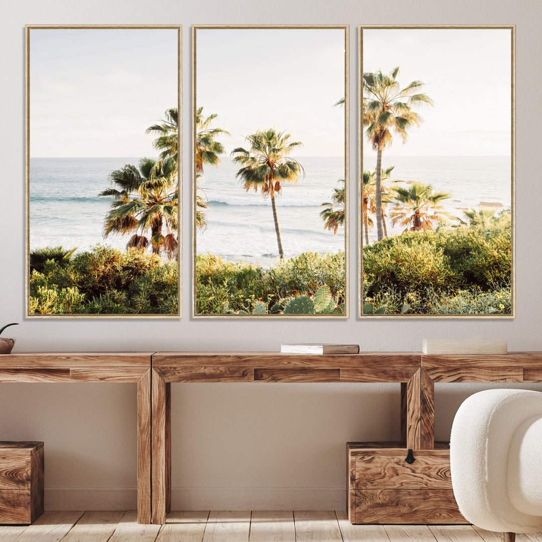 Framed print of sunlit palm trees on the California coast with warm tones, perfect for coastal minimalist or beach-style home decor.