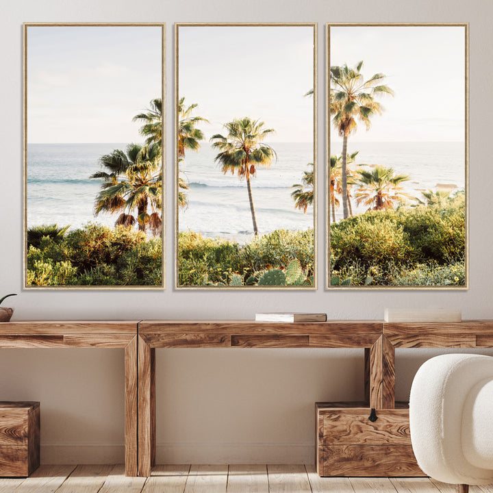 Framed print of sunlit palm trees on the California coast with warm tones, perfect for coastal minimalist or beach-style home decor.