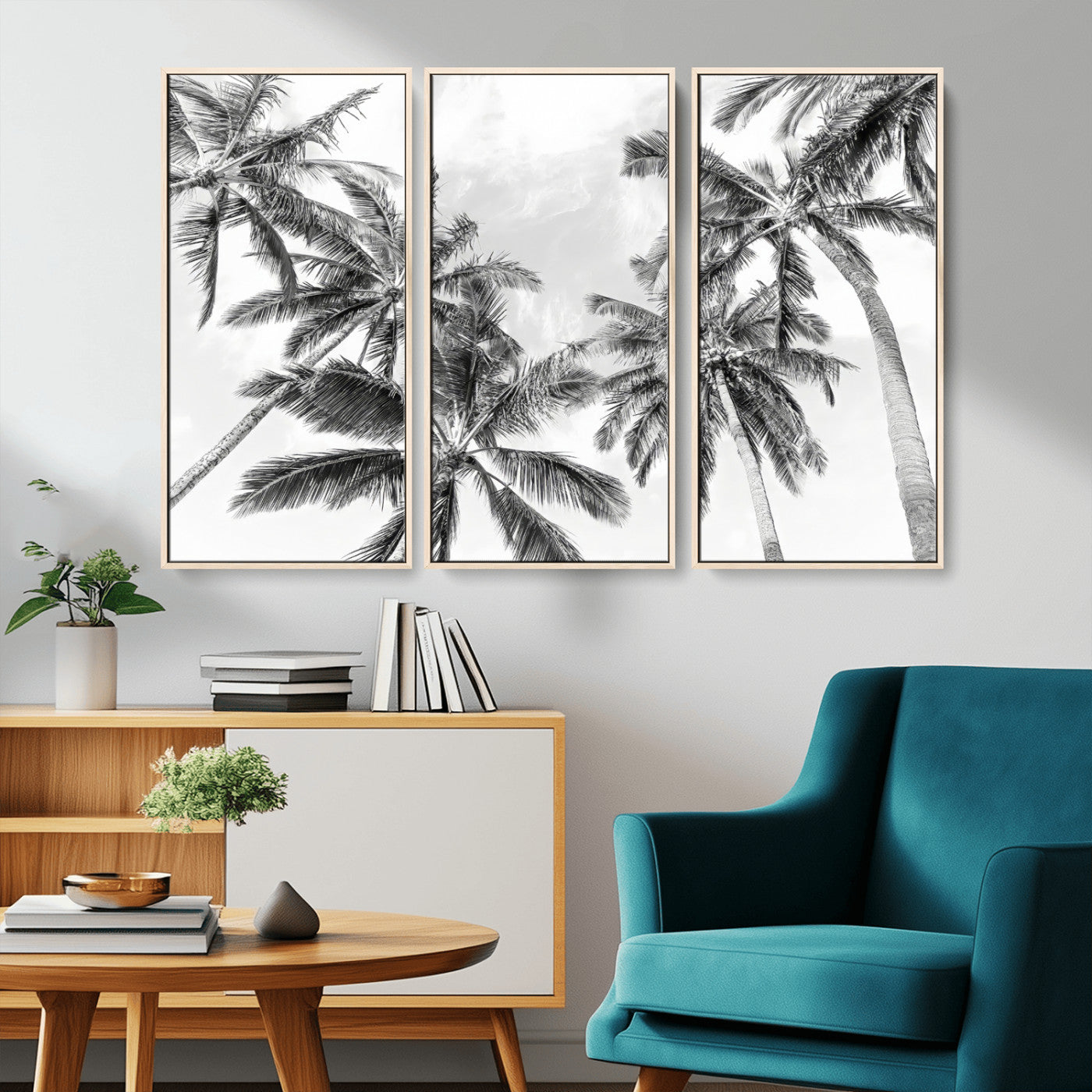 MGV-FC-48X32-3P - Black White Palm Wall Art Canvas Print, Framed Monochrome Tropics Art Picture Print, Minimalist Beach Perfect Coastal Minimalist Decor Artwork