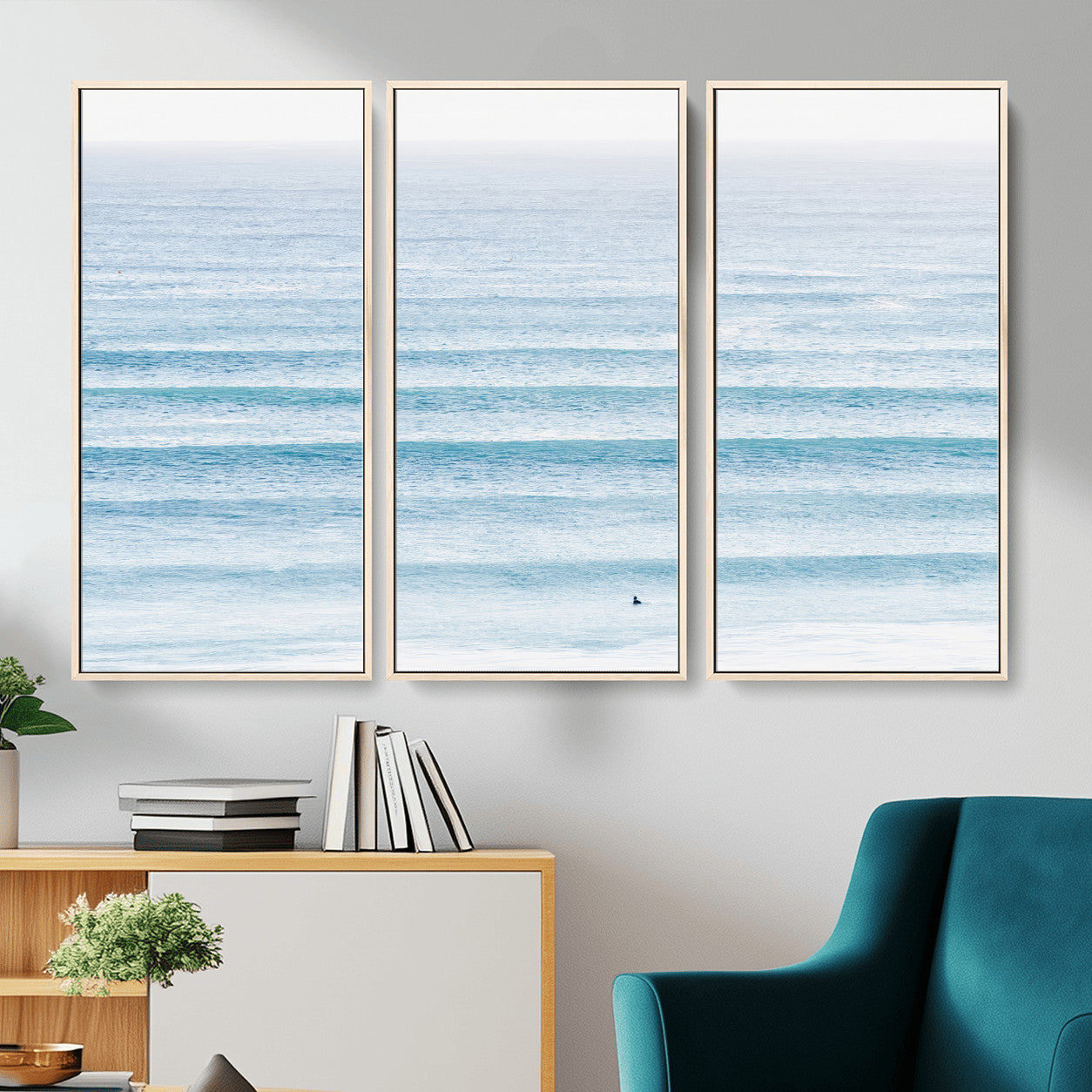 77145995-MGV-CV-36X24-Ocean Wave Surfer Wall Art – Framed Minimal Seascape Canvas Artwork, Calm Blue Water Design, Coastal Decor for Home, Office