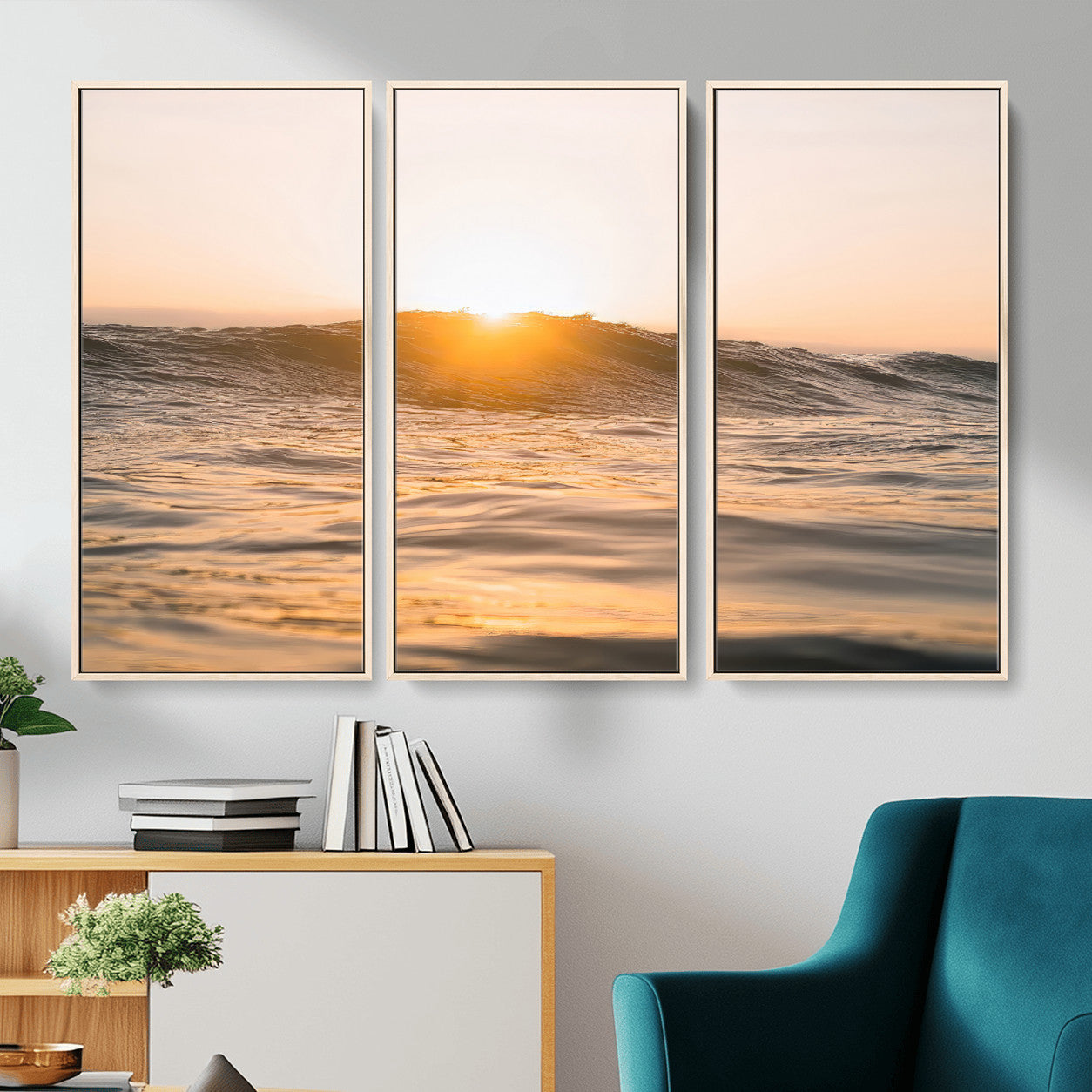 16973771-MGV-CV-36X24-Calm Water Wall Art – Framed Sunset Waves Canvas Artwork, Coastal Warm Design, Minimal Ocean Decor for Home, Office