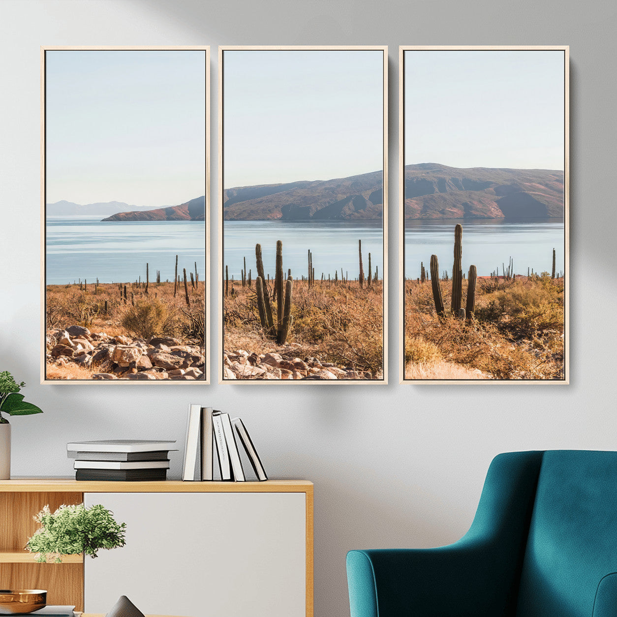 MGV-FC-48X32-3P - Desert Cactus Wall Art Canvas Print, Framed Baja Coastline Art Picture Print, Coastal Desert Perfect Southwestern Minimalist Decor Artwork