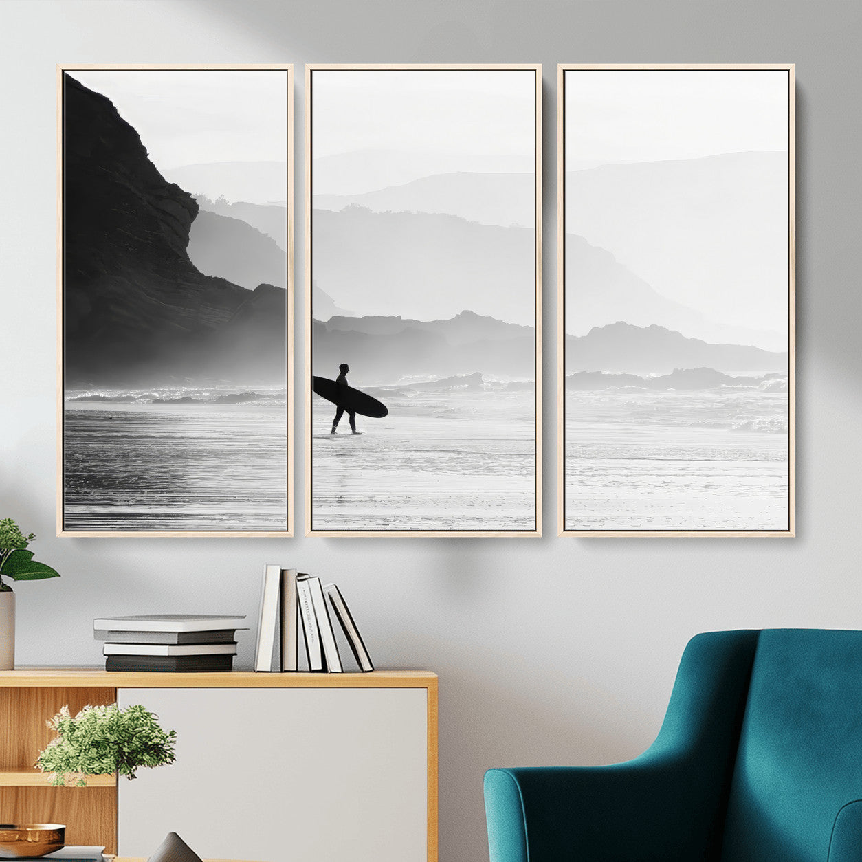 MGV-FC-48X32-3P - Surfer In Fog Wall Art Canvas Print, Framed Moody Shoreline Art Picture Print, Cliffside Waves Perfect Minimalist Coastal Decor Artwork