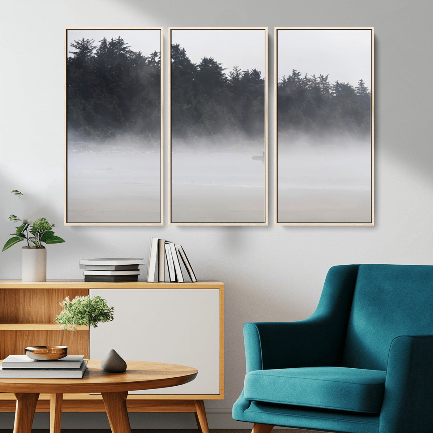 59703275-MGV-CV-36X24-Surfer Fog Wall Art Canvas Print – Framed Foggy Beach Scene with Coastal Surf Artwork for Home, Office, Living Room