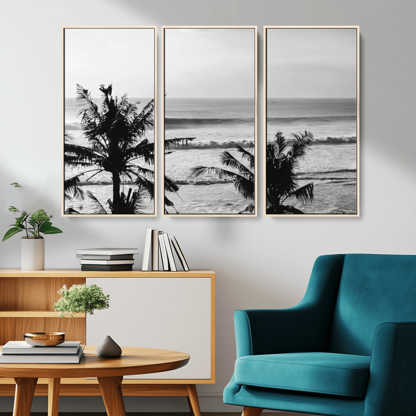 17508038-MGV-CV-36X24-Tropical Coastline Wall Art Canvas Print – Framed Palm Trees Scene with Ocean Waves Artwork for Home, Office