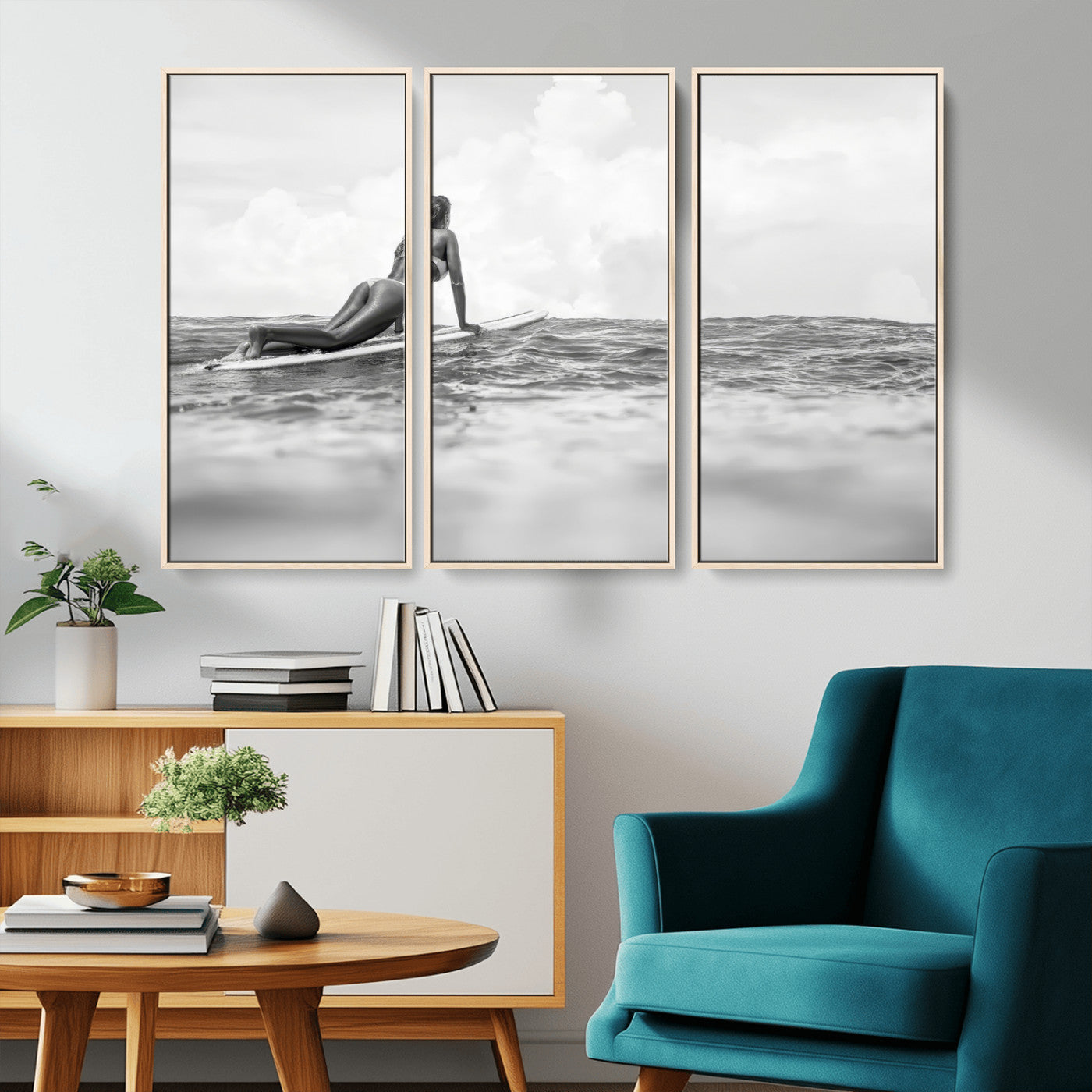 69798068-MGV-CV-36X24-Black and White Surfing Wall Art Canvas Print – Framed Ocean Horizon with Surfer Girl Coastal Adventure Artwork for Home, Office