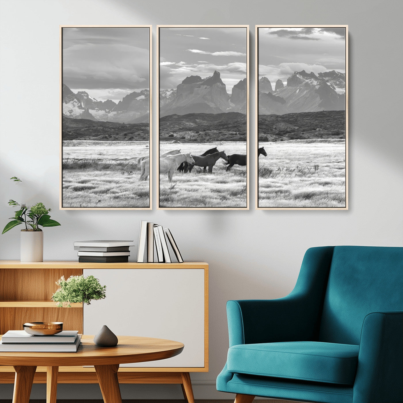 MGV-FC-48X32-3P - Wild Horses Wall Art Canvas Print, Framed Black White Mountains Art Picture Print, Rustic Countryside Perfect Rustic Western Decor Artwork