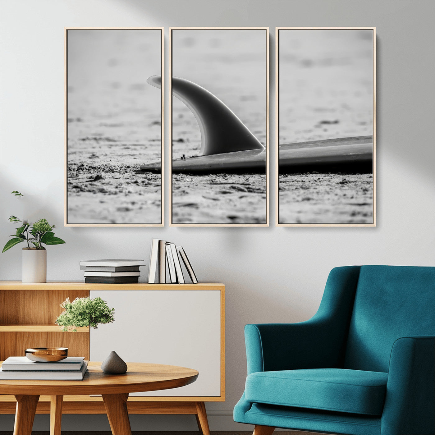 MGV-FC-48X32-3P - Black White Surfboard Wall Art Canvas Print, Framed Minimalist Beach Art Picture Print, Surf Fin Perfect Minimalist Coastal Decor Artwork