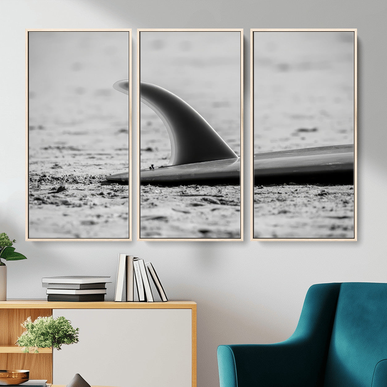MGV-FC-48X32-3P - Black White Surfboard Wall Art Canvas Print, Framed Minimalist Beach Art Picture Print, Surf Fin Perfect Minimalist Coastal Decor Artwork