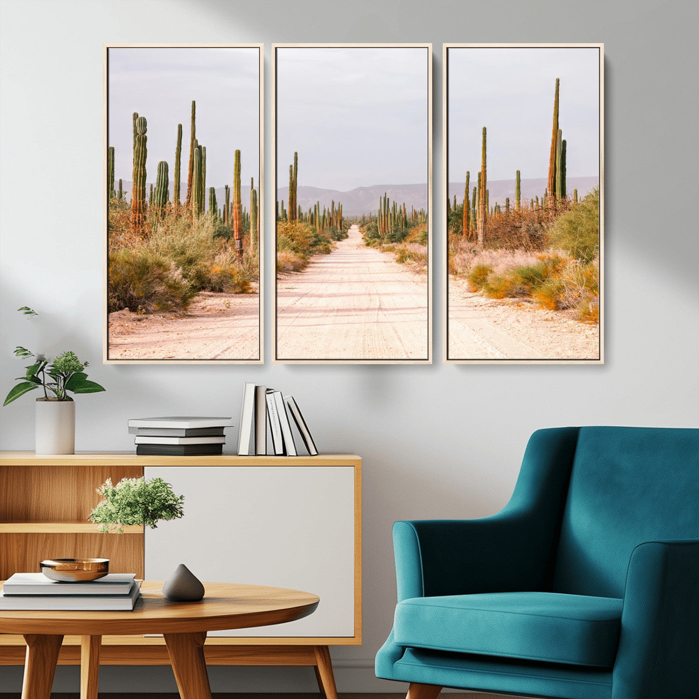 MGV-FC-48X32-3P - Desert Cactus Lined Road Wall Art Canvas Print, Framed Southwestern Landscape Art Picture Print, Bohemian Western Aesthetic Perfect Southwestern Boho Decor Artwork