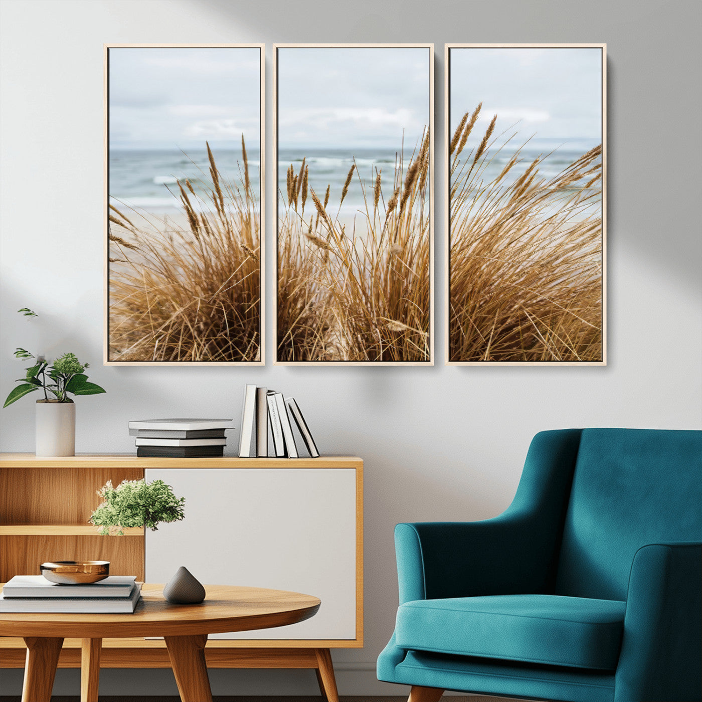MGV-FC-48X32-3P - Beach Grass Wall Art Canvas Print, Framed Coastal Dunes Art Picture Print, Dune Grass Perfect Coastal Minimalist Decor Artwork