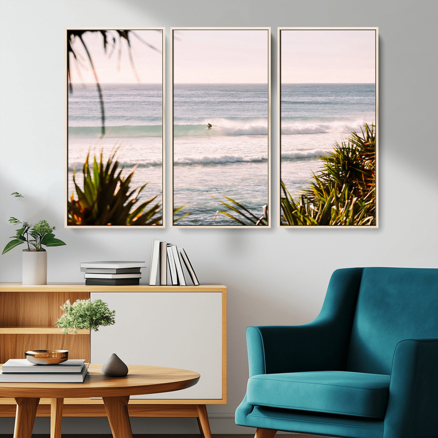 MGV-FC-48X32-3P - Ocean Surfer Wall Art Canvas Print, Framed Coastal Surf Art Picture Print, Tropical Beach Perfect Tropical Coastal Decor Artwork