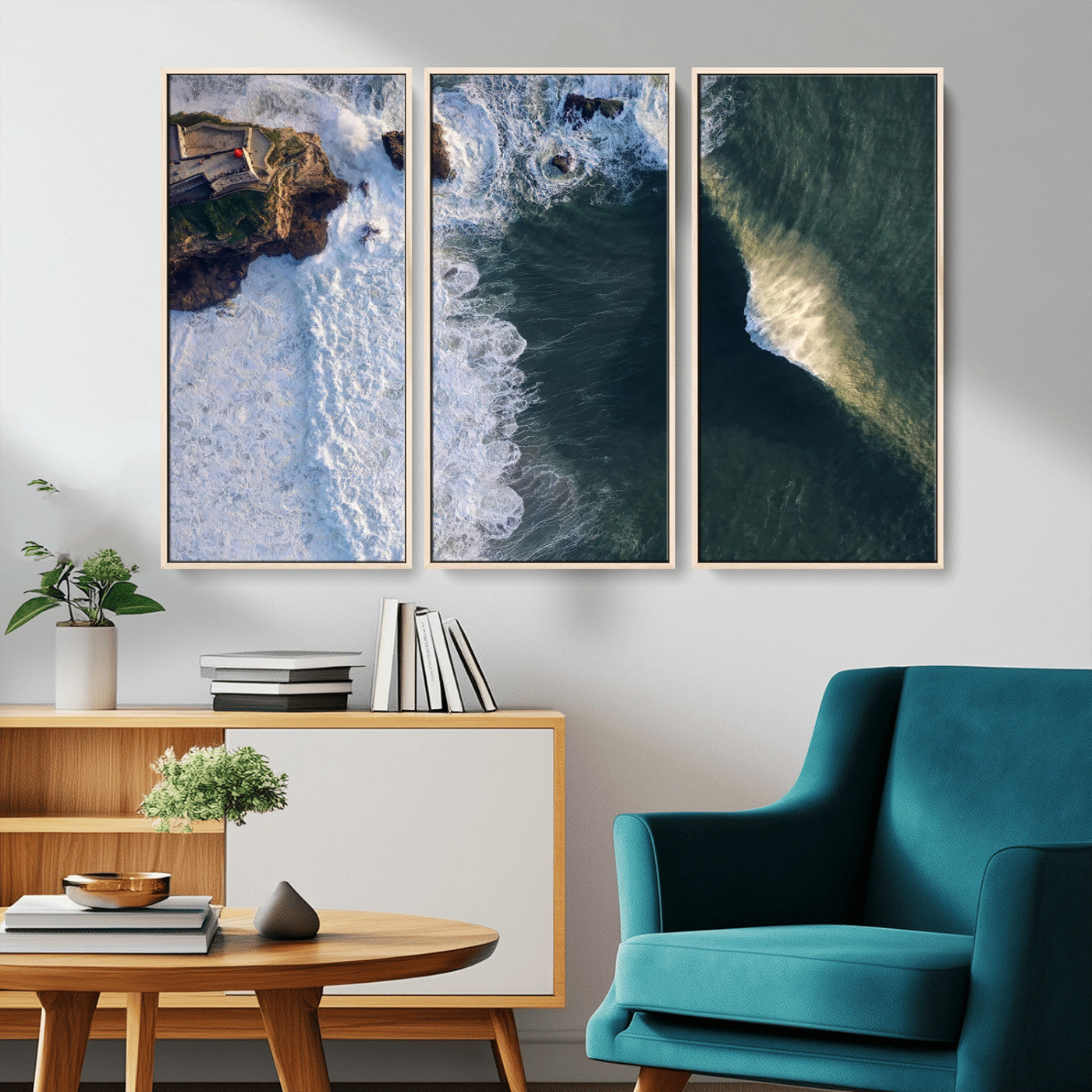 MGV-FC-48X32-3P - Nazaré Coast Wall Art Canvas Print, Framed Aerial Ocean Art Picture Print, Coastal Fortress Perfect Dramatic Coastal Decor Artwork
