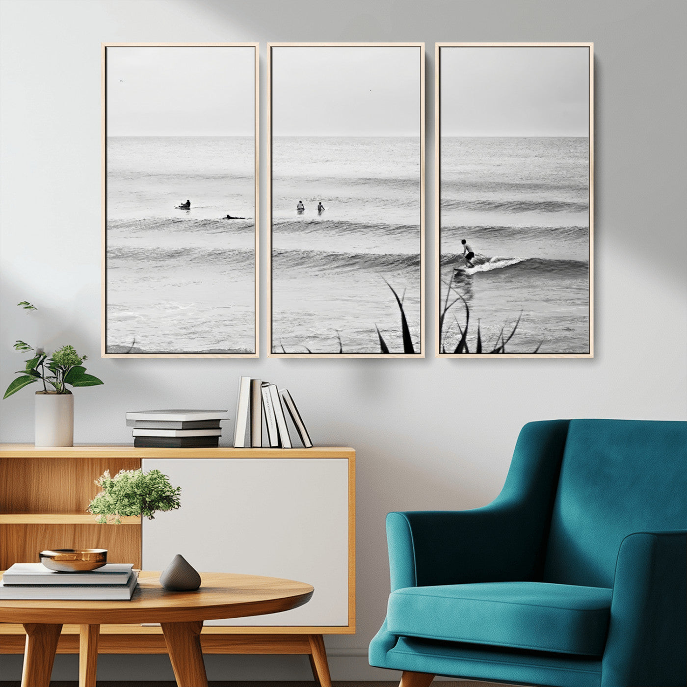 MGV-FC-48X32-3P - Surfer Silhouette Wall Art Canvas Print, Framed Calm Ocean Art Picture Print, Monochrome Surf Perfect Minimalist Coastal Decor Artwork