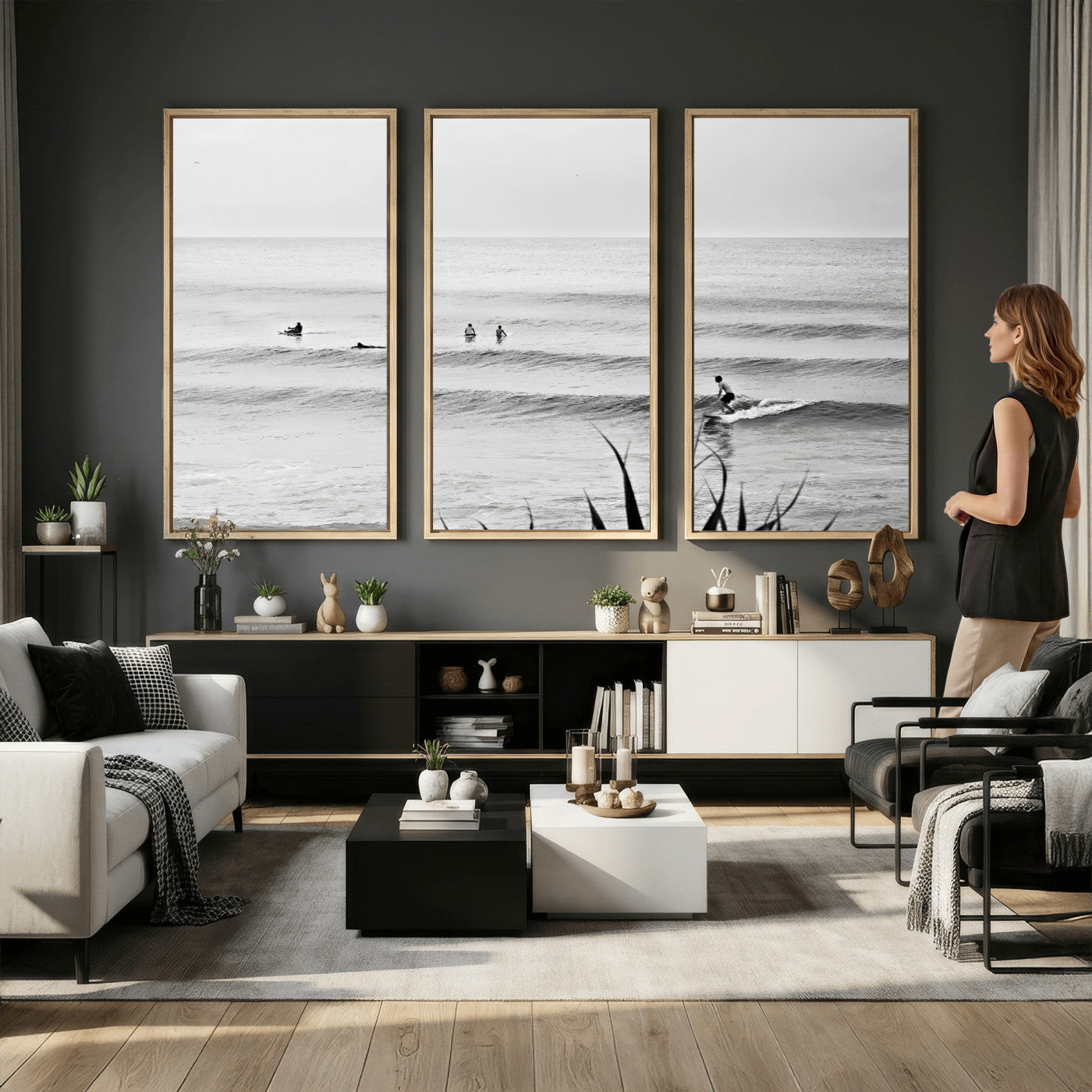 33821421-MGV-CV-36X24 - Surfer Silhouette Wall Art Canvas Print, Framed Calm Ocean Art Picture Print, Monochrome Surf Minimalist Coastal Decor Artwor