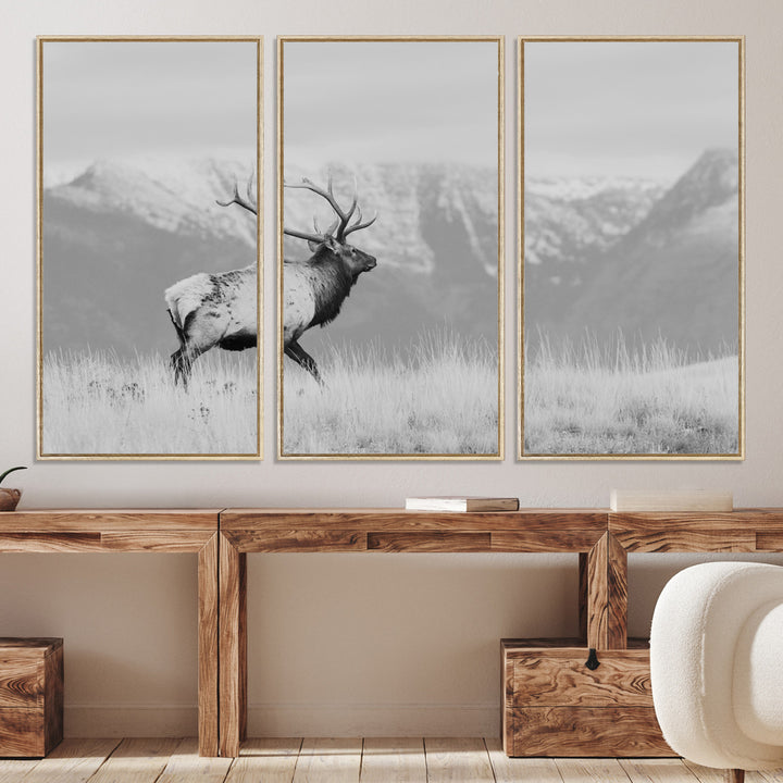 Rustic Elk Wall Art Canvas Print, Wildlife Antler Print, Framed Western Hunting Lodge Art Print, Large Mountain Nature Scene Printing Perfect for Japanese Decor