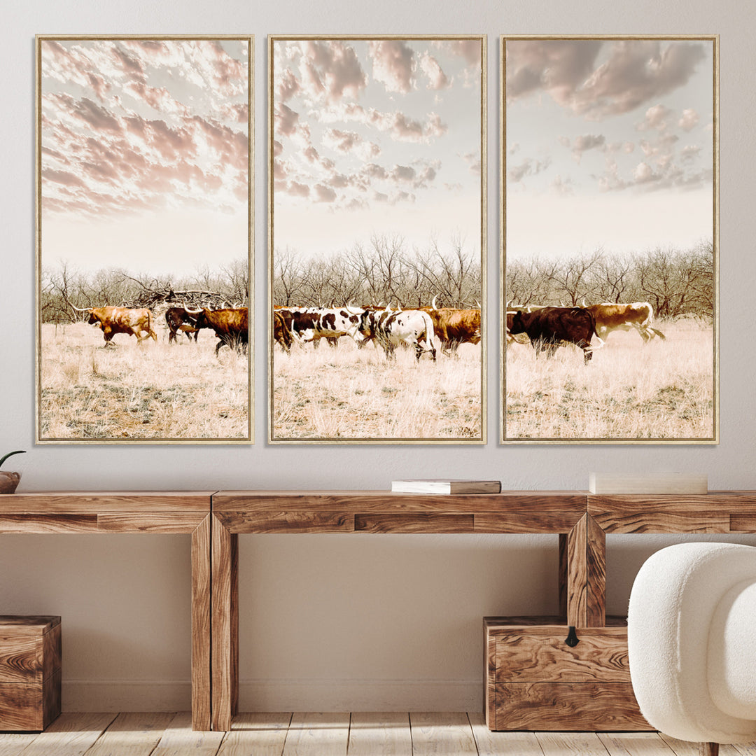 Longhorn Cattle Wall Art Canvas Print, Texas Ranch Print, Framed Western Cow Art Print, Large Prairie Landscape Printing Perfect for Western Decor