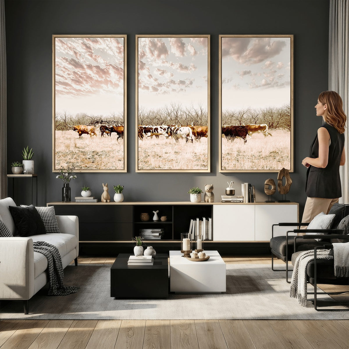 64892775-MGV-CV-24X16 - Longhorn Cattle Wall Art Canvas Print, Framed Texas Ranch Art, Western Cow Print, Prairie Landscape Decor