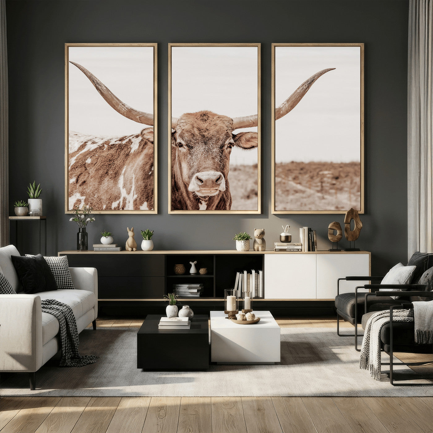 39964150-MGV-CV-36X24 - Longhorn Cow Wall Art Canvas Print, Texas Ranch Print, Framed Western Bull Art Print, Large BigHorn Cowboy Printing Perfect for County Decor