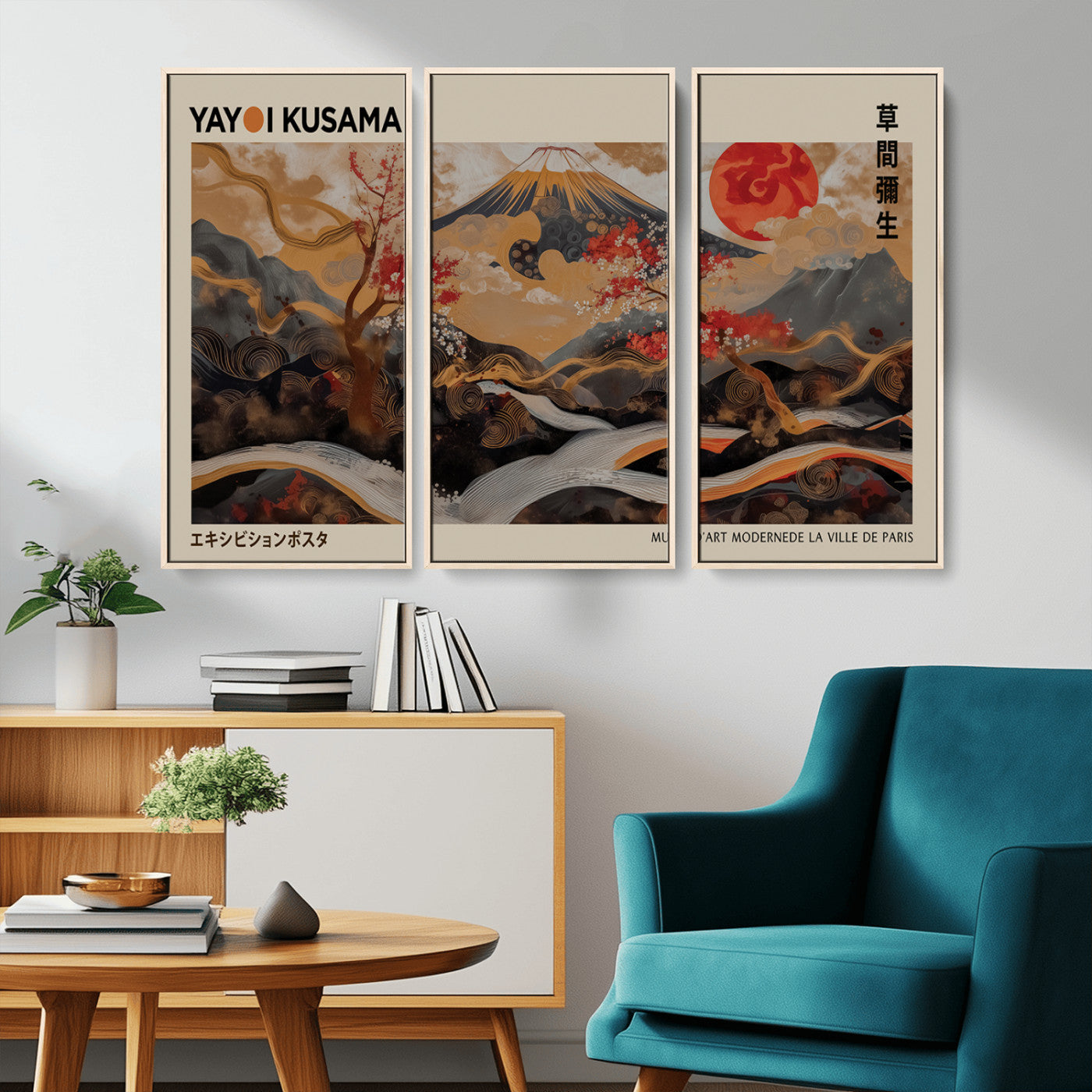 MGV-FC-48X32-3P - Modern Japanese Wall Art Print Yayoi Kusama Canvas Wall Art Abstract Mount Fuji Canvas Print