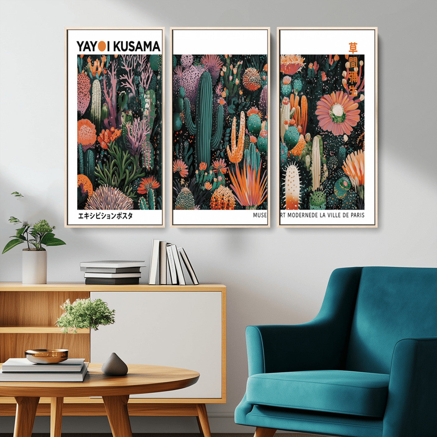 MGV-FC-48X32-3P - Modern Japanese Wall Art Print, Yayoi Kusama Print Wall Decor, Abstract Mount Fuji Canvas Print,