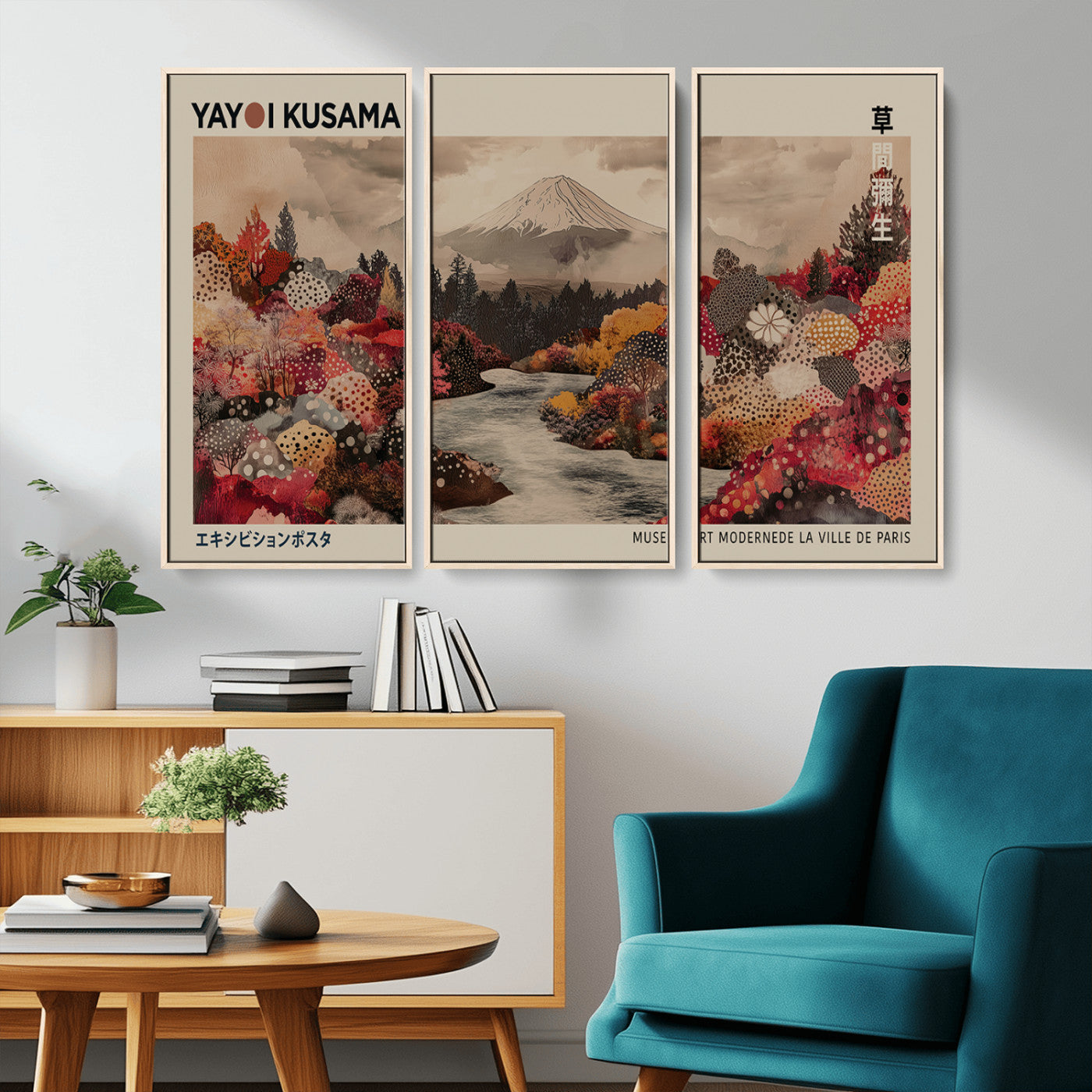 MGV-FC-48X32-3P - Modern Japanese Wall Art Print Yayoi Kusama Canvas Wall Art Abstract Mount Fuji Canvas Print