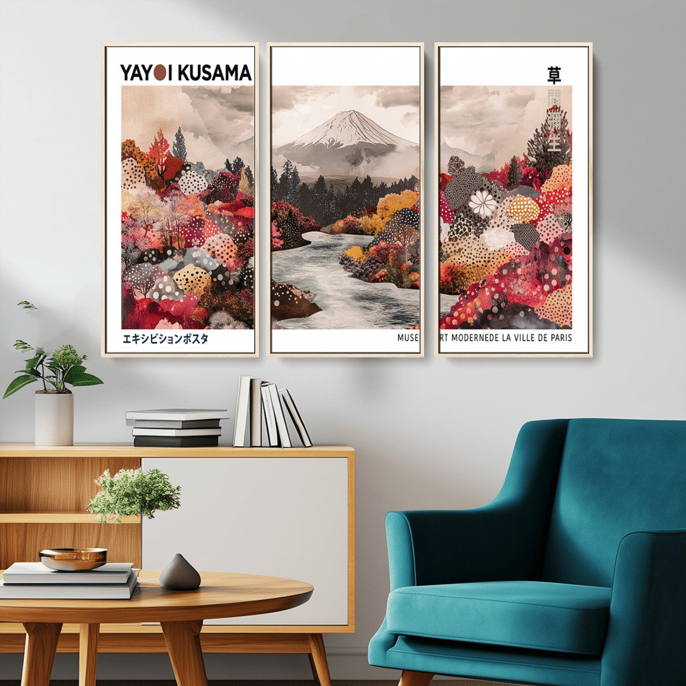 MGV-FC-48X32-3P - Modern Japanese Wall Art Print, Yayoi Kusama Canvas Wall Art, Abstract Mount Fuji Art Canvas Print,