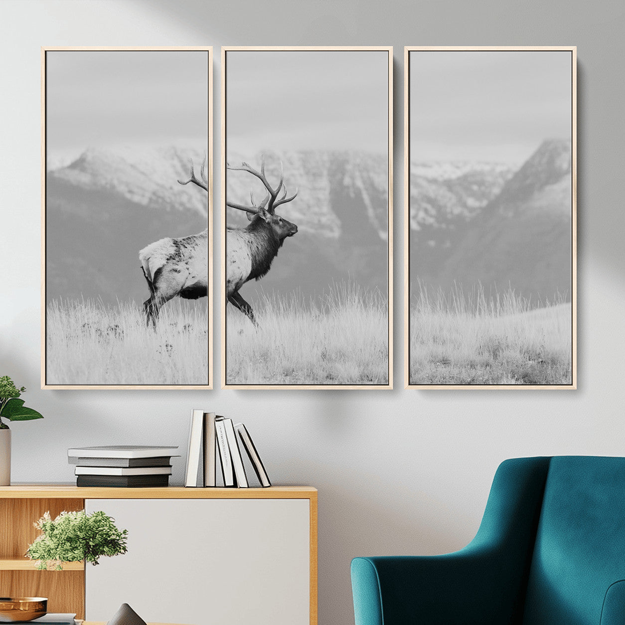 36150391-MGV-FC-48X32-3P - Wall Art Canvas Print – Majestic Elk Black & White Wilderness, Scenic Mountain and Grassland Landscape, Wildlife Nature Decor for Home or Office