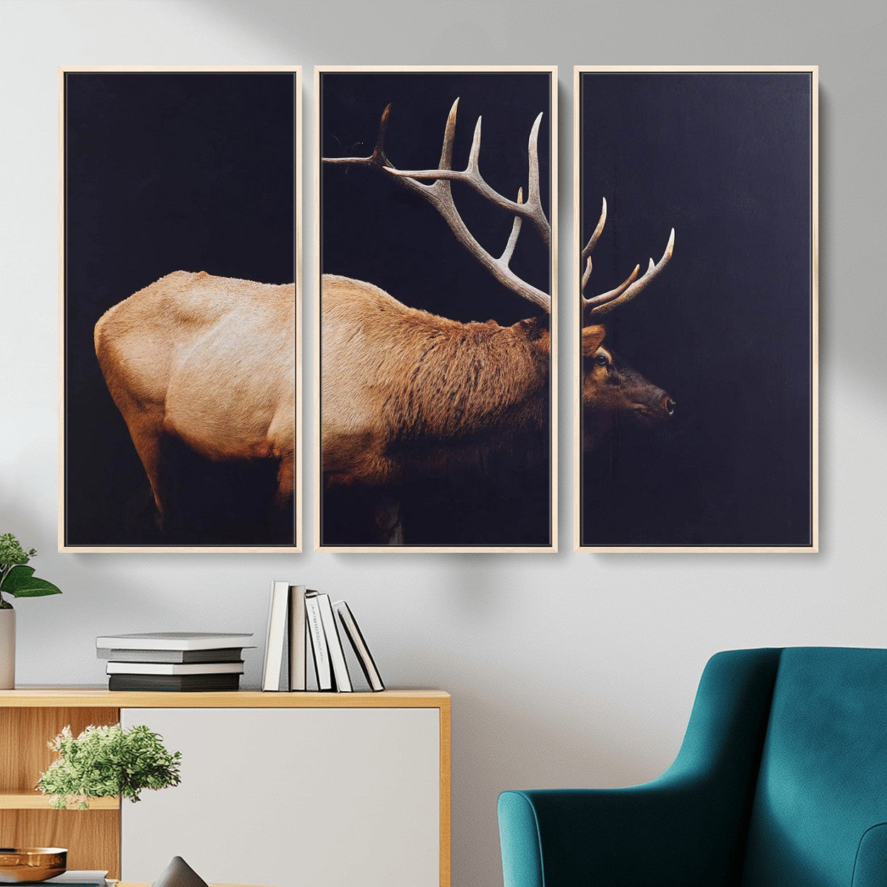 89239257-MGV-FC-48X32-3P - Rustic Elk Wall Art Canvas Print – Framed Moody Wildlife Art Picture Western Animal Artwork for Home, Office