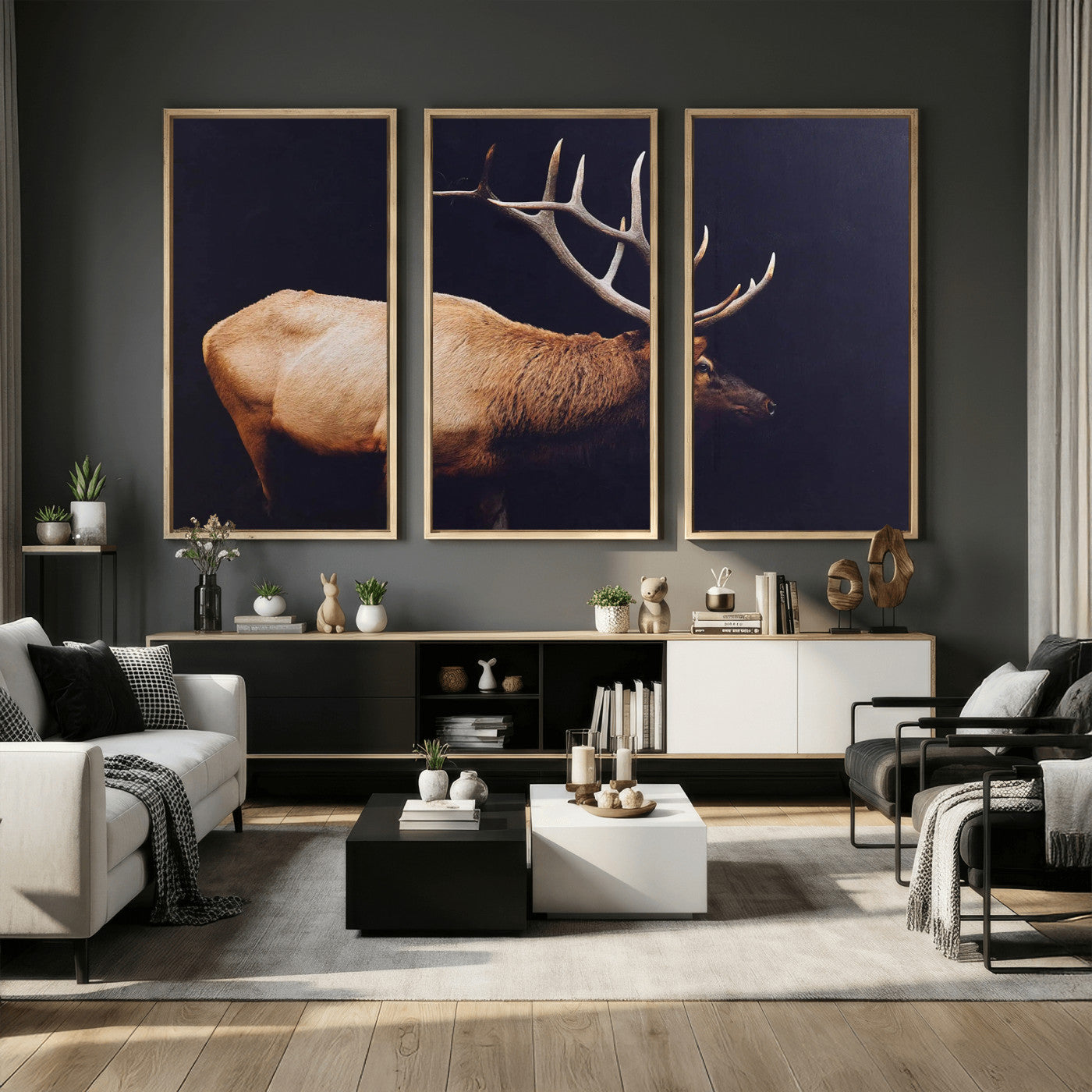 89239257-MGV-CV-36X24 - Rustic Elk Wall Art Canvas Print – Framed Moody Wildlife Art Picture Western Animal Artwork for Home, Office Decor