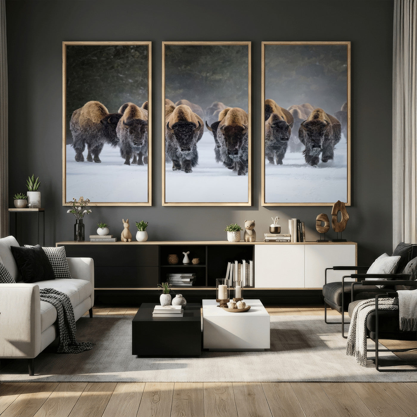 41669135-MGV-CV-36X24 - Winter Bison Herd Wall Art – Majestic Buffalo Charge Canvas Print with Snow Covered Plains, Rustic Wildlife Strength and Untamed Nature Decor for Home and Office
