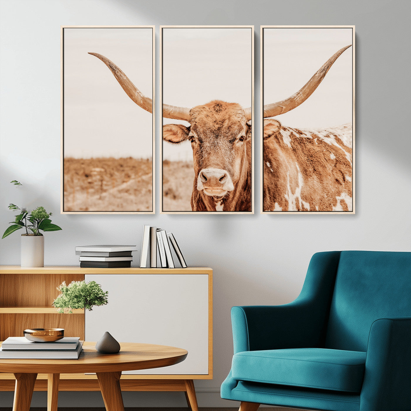 MGV-FC-48X32-3P - Longhorn Bull Wall Art Canvas Print, Framed Western Cow Art Picture Print, Rustic Farmhouse Perfect Neutral Farmhouse Decor Artwork
