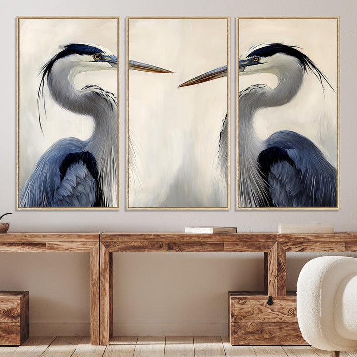 Blue Heron Pair Wall Art Canvas Print, Coastal Bird Theme Print, Framed Tranquil Wildlife Scene Art Print, Large Nature Inspired Decor Printing