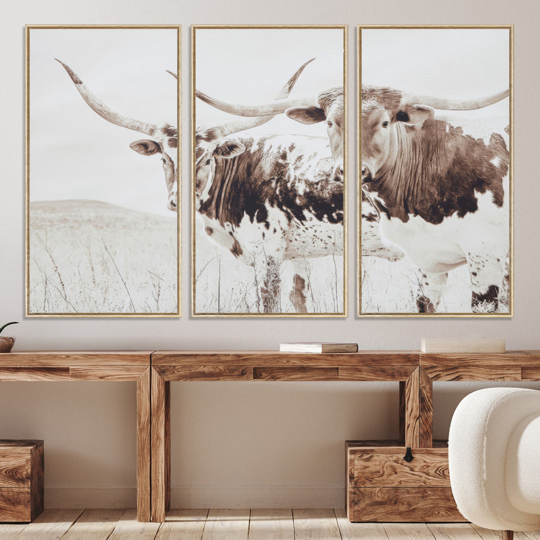 Longhorn Wall Art Wall Art Canvas Print, Western Cow Canvas Print, Framed Rustic Farm Decor Art Print, Large Neutral Animal Scene Printing