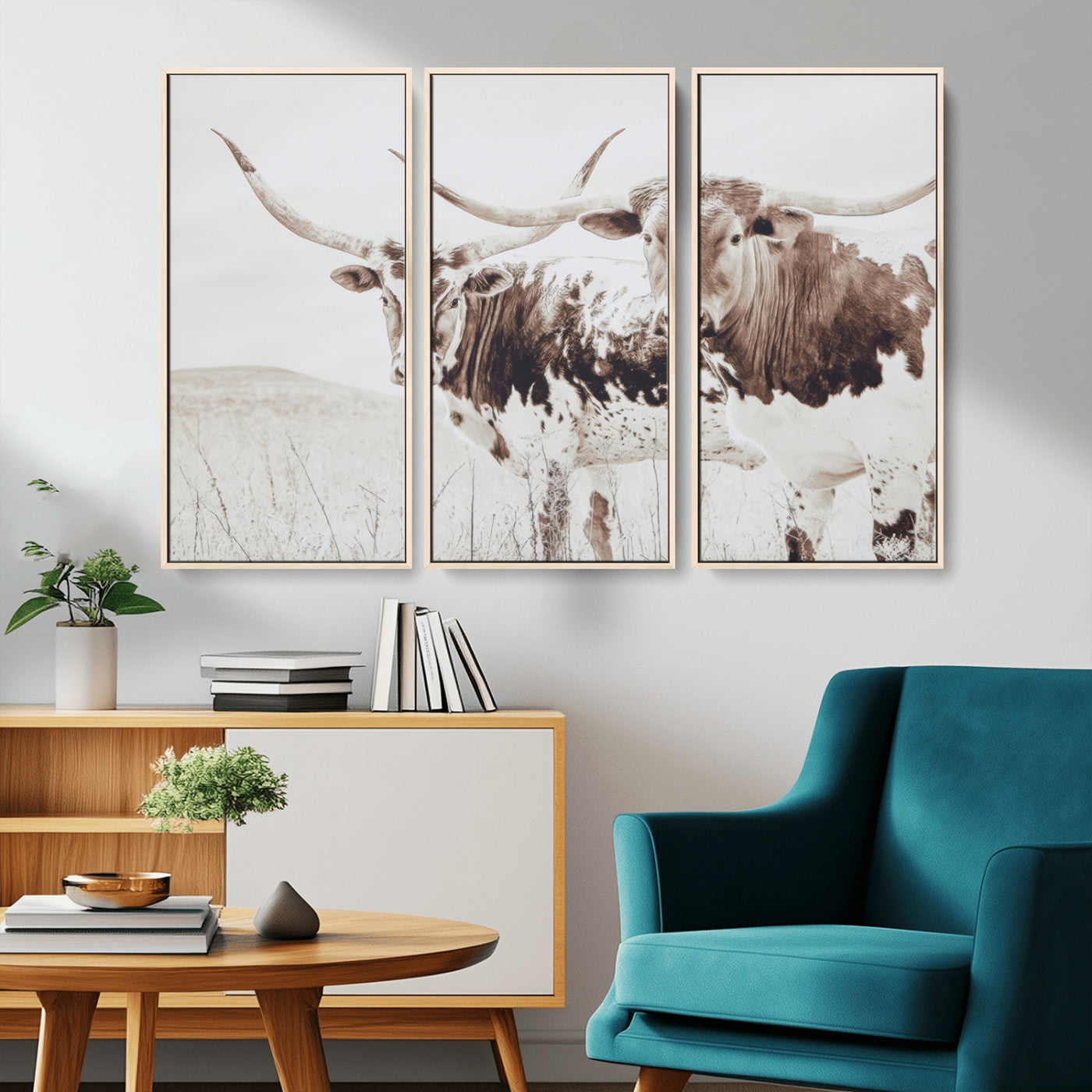 MGV-FC-48X32-3P - Longhorn Wall Art Wall Art Canvas Print, Framed Western Cow Canvas Art Picture Print, Rustic Farm Decor Perfect Rustic Farmhouse Decor Artwork