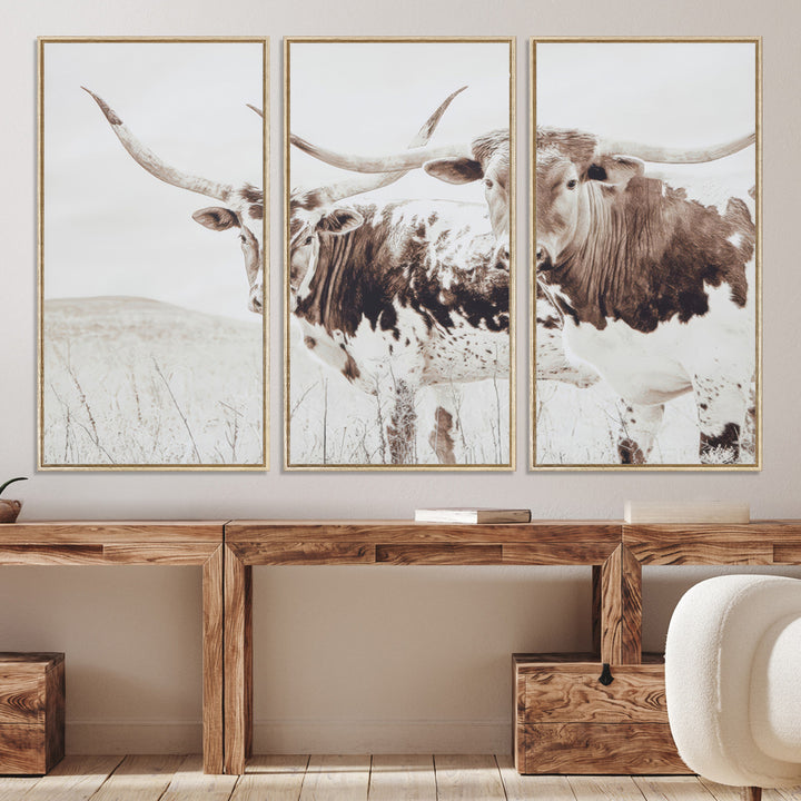 Longhorn Wall Art Wall Art Canvas Print, Western Cow Canvas Print, Framed Rustic Farm Decor Art Print, Large Neutral Animal Scene Printing