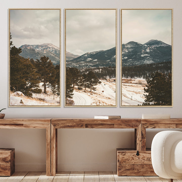 Mountain Landscape Wall Art Canvas Print, Framed Snowy Peaks Art Picture Print, Alpine Aesthetic Perfect Rustic Winter Decor Artwork