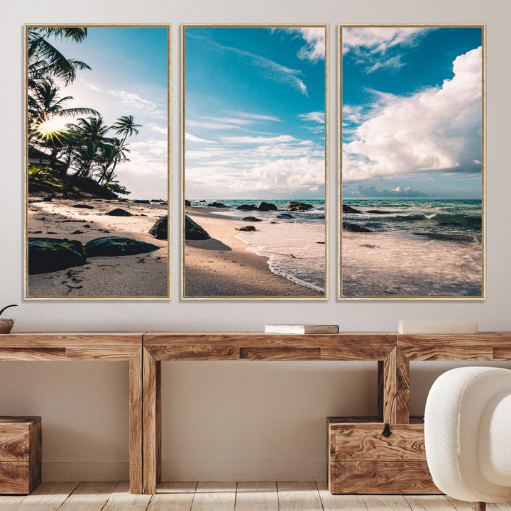 Tropical Beach Wall Art Canvas Print, Framed Ocean Waves Art Picture Print, Relaxing Seascape Perfect Tropical Coastal Decor Artwork
