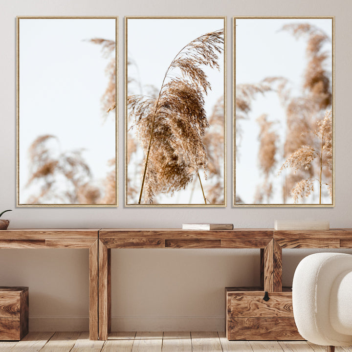 Pampas Grass Wall Art Canvas Print, Framed Neutral Tones Art Picture Print, Minimalist Nature Perfect Boho Decor Artwork
