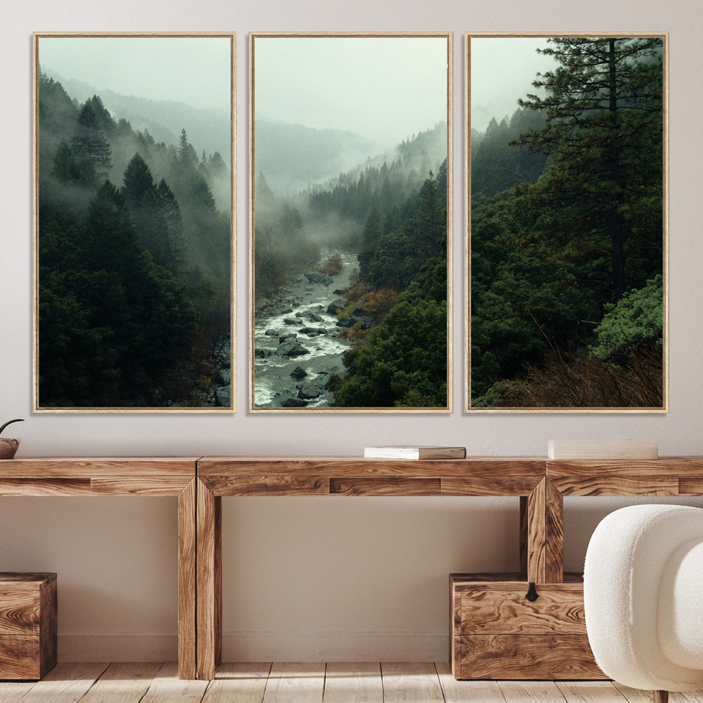 48497565-MGV-CV-36X24-Misty Forest Wall Art Canvas Print, Framed Foggy River Art Picture Print, Moody Landscape Perfect Wilderness Decor Artwork