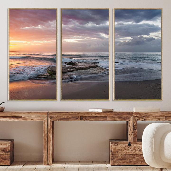 Golden Hour Wall Art Canvas Print, Framed Tranquil Waves Art Picture Print, Beach Perfect Coastal Serenity Decor Artwork