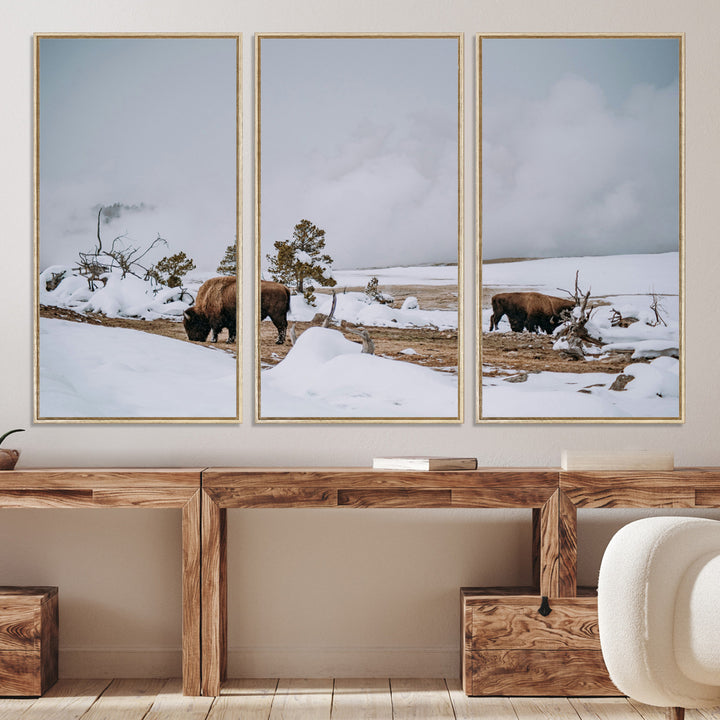Bison Wildlife Wall Art Canvas Print, Framed Snowy Prairie Art Picture Print, Western Perfect Rustic Decor Artwork