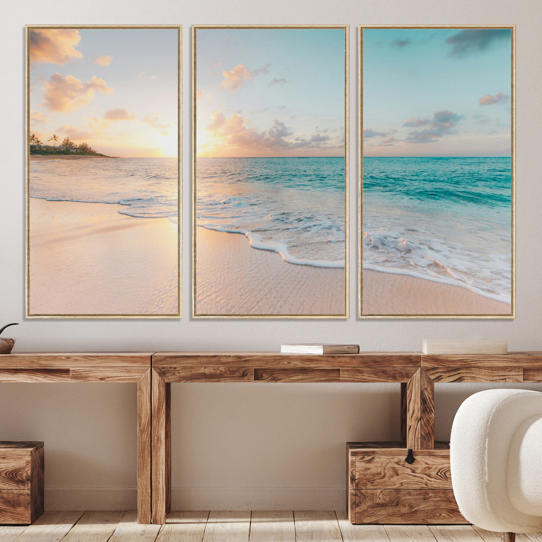 Beach Sunset Wall Art Canvas Print, Framed Ocean Waves Art Picture Print, Summer Escape Perfect Coastal Decor Artwork