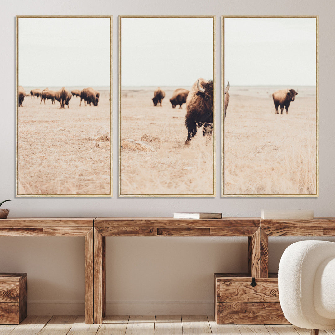 Bison Herd Wall Art Canvas Print, Framed Western Art Picture Print, Prairie Serenity Perfect Ranch Decor Artwork