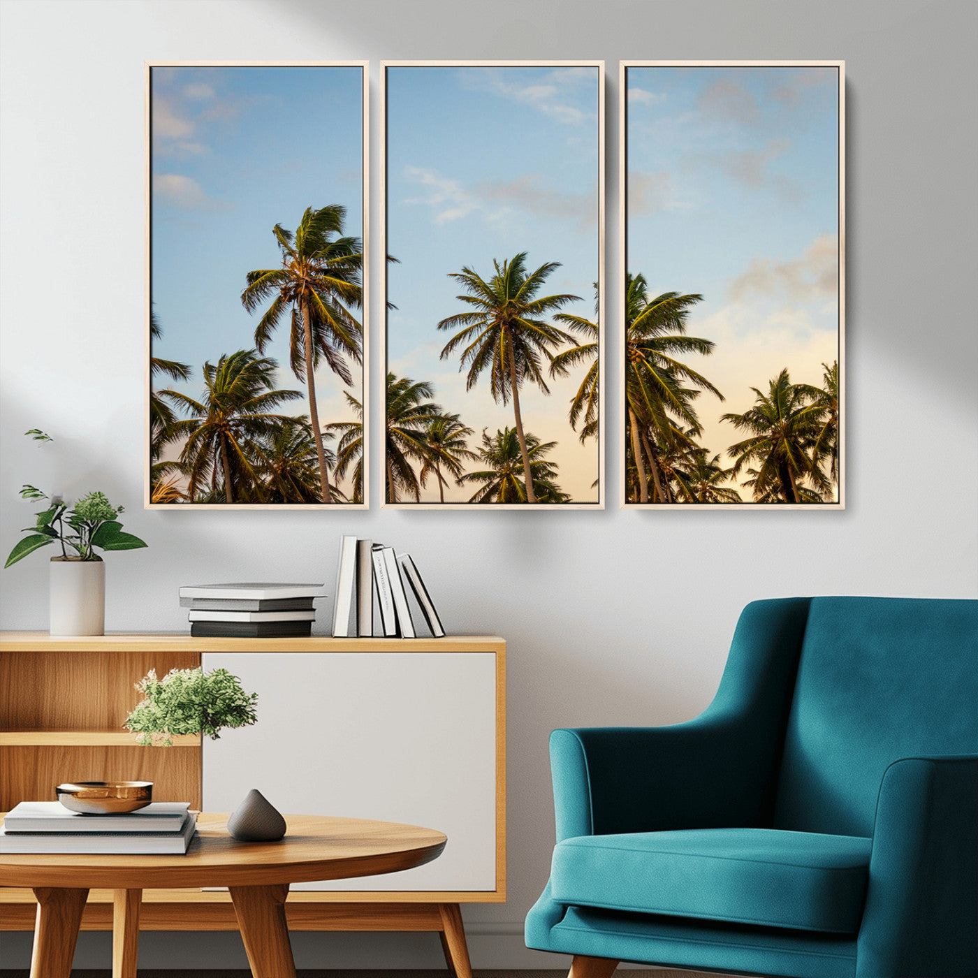 MGV-FC-48X32-3P - Palm Trees Wall Art Canvas Print, Framed Tropical Vibes Art Picture Print, Coastal Sunset Perfect Coastal Boho Decor Artwork
