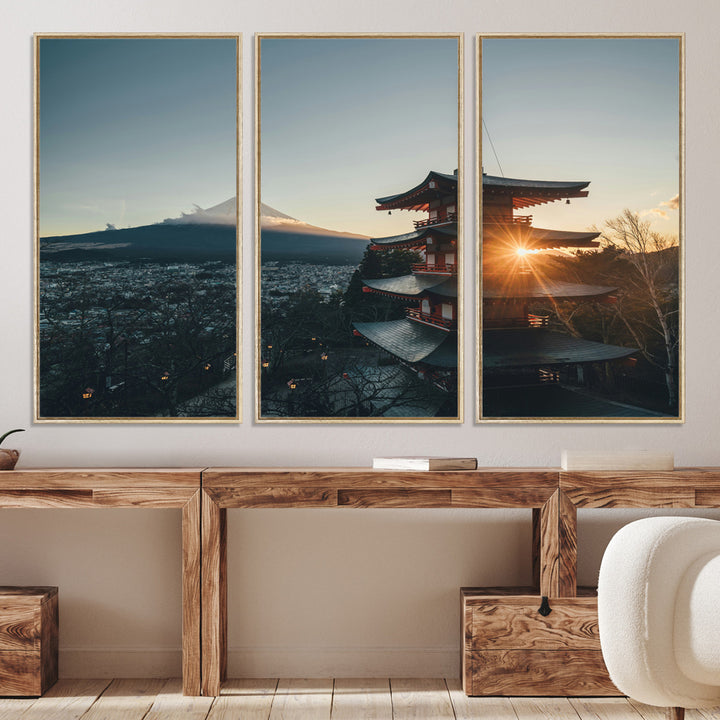 Chureito Pagoda at sunset with Mount Fuji in the background, city lights below, and golden sun rays, ideal for Japanese-inspired wall art.