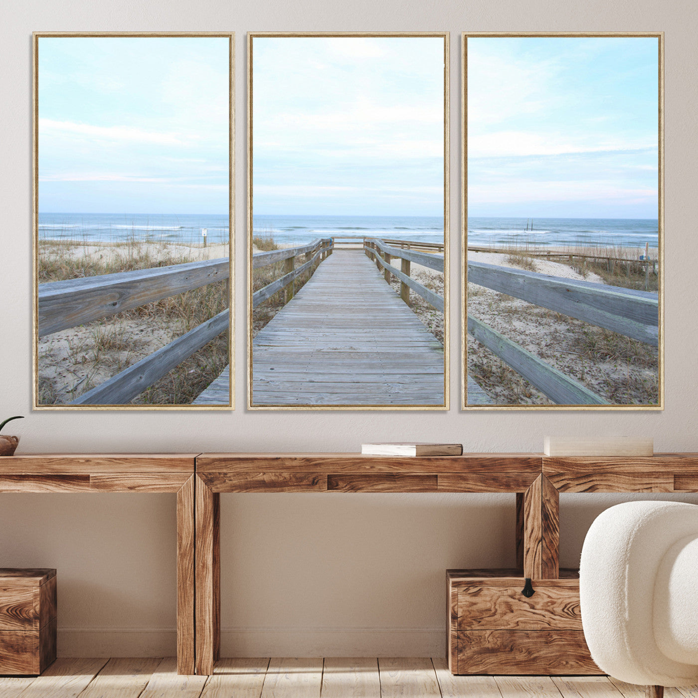 31602988-MGV-CV-36X24-Beach Boardwalk Wall Art Canvas Print, Framed Coastal Serenity Art Picture Print, Ocean View Perfect Coastal Decor Artwork