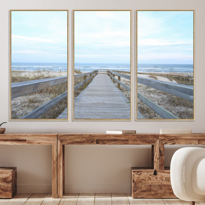 Beach Boardwalk Wall Art Canvas Print, Framed Coastal Serenity Art Picture Print, Ocean View Perfect Coastal Decor Artwork